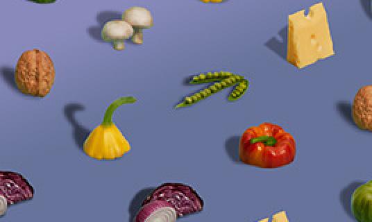 Purple background with colored images of food